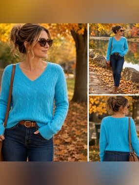 Polo Ralph Lauren 100% Cashmere Cable Knit V-Neck Sweater Turquoise Blue L